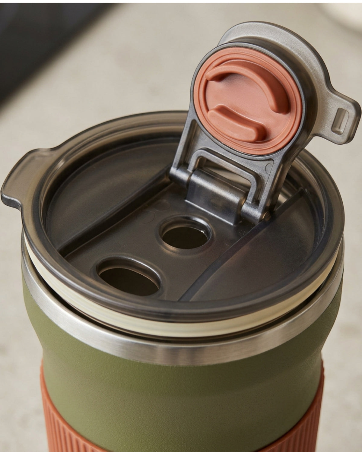 Mvabv Eighteen Ounce Hourglass Travel Tumbler with Dual Channel Flip Lid Olive - Detail view