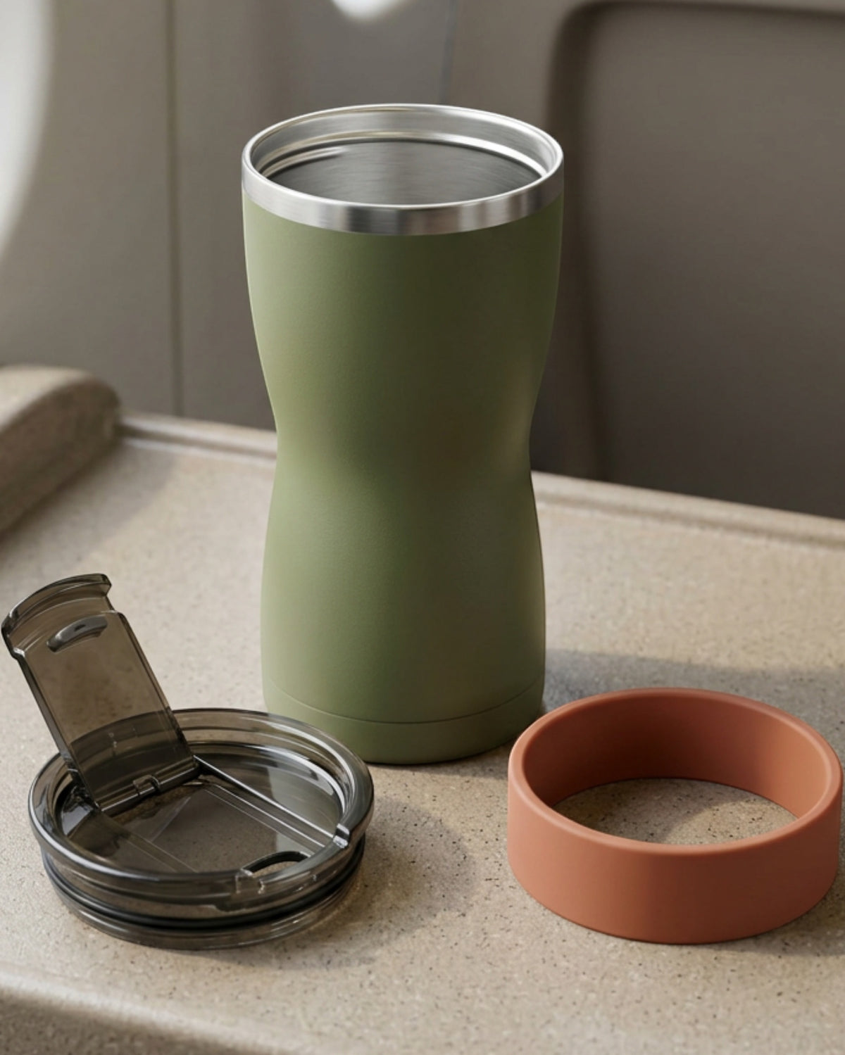 Mvabv Eighteen Ounce Hourglass Travel Tumbler with Dual Channel Flip Lid Olive - Lifestyle view
