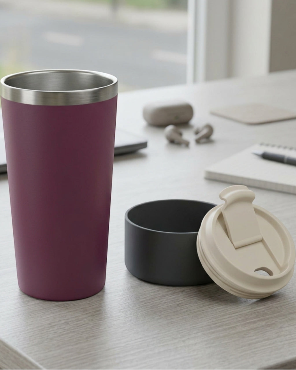 Mvabv Sixteen Ounce Tapered Travel Tumbler with Full Width Flip Hatch Plum - Lifestyle view