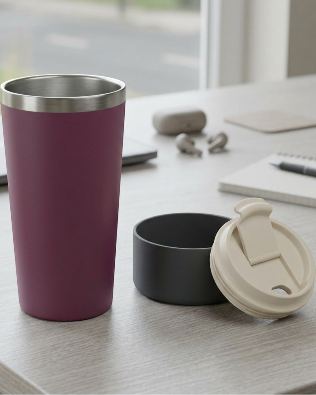 Mvabv Sixteen Ounce Tapered Travel Tumbler with Full Width Flip Hatch Plum - Lifestyle view
